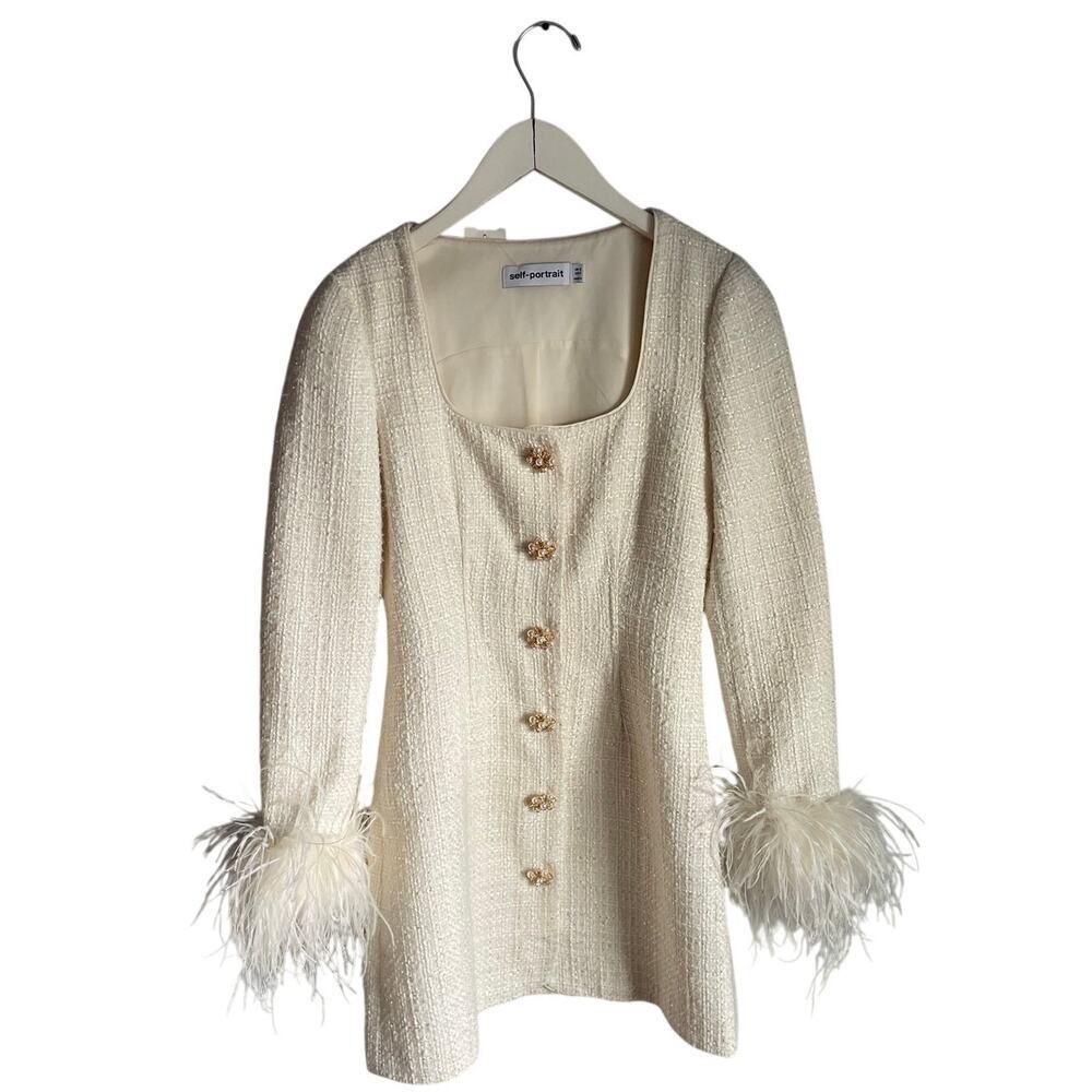 Self Portrait Cream Boucle Feather Dress Beige Size 4 Button Up Tweed Wedding